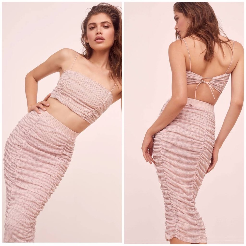 For Love and Lemons All That Glitters Midi Skirt in Blush Pink